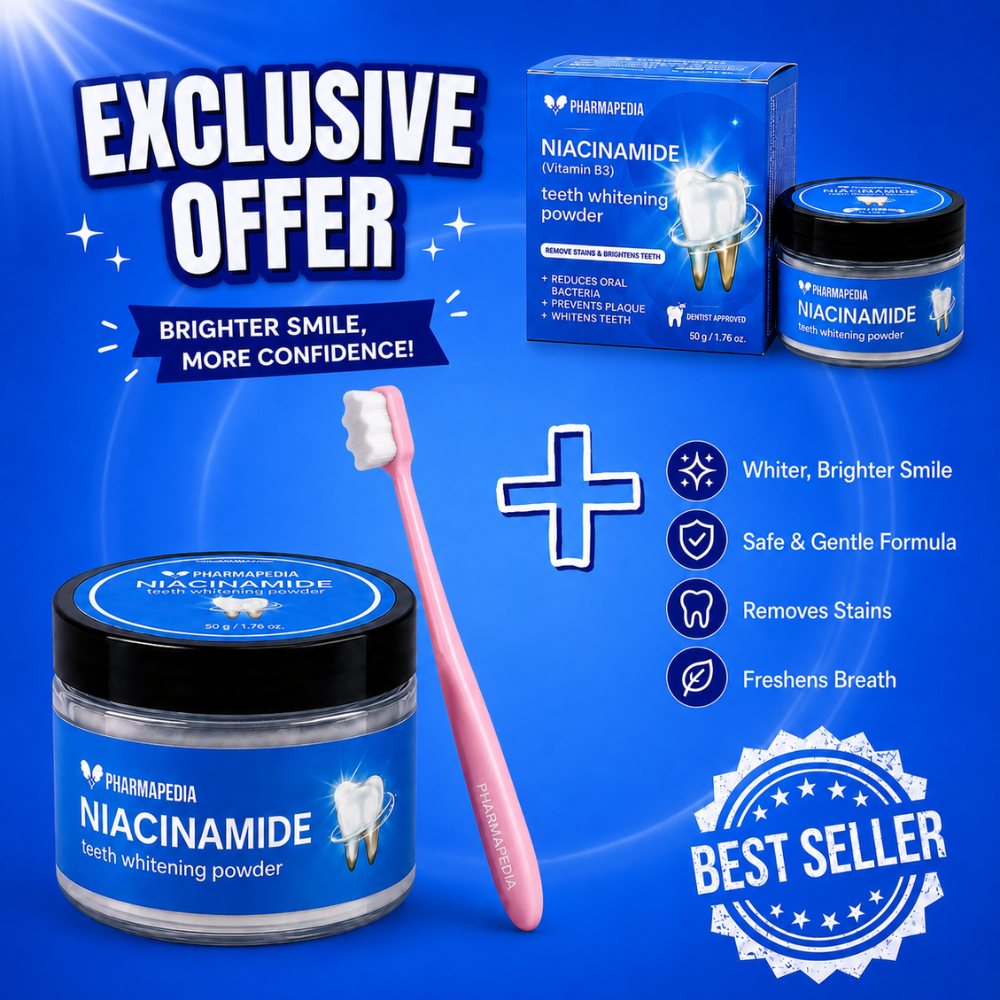 pharmapedia teeth whitening powder bundle – 2 x 50g niacinamide jars + soft toothbrush set