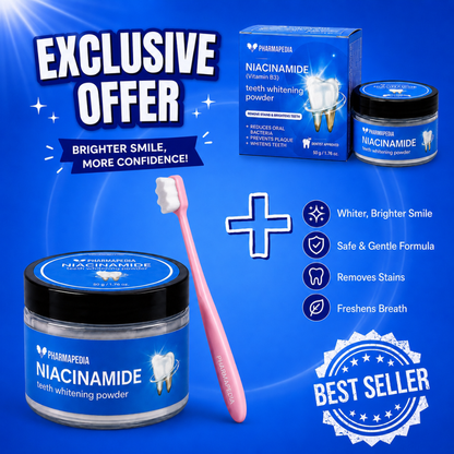 Pharmapedia Teeth Whitening Powder Bundle – 2 x 50g Niacinamide Jars + Soft Toothbrush Set