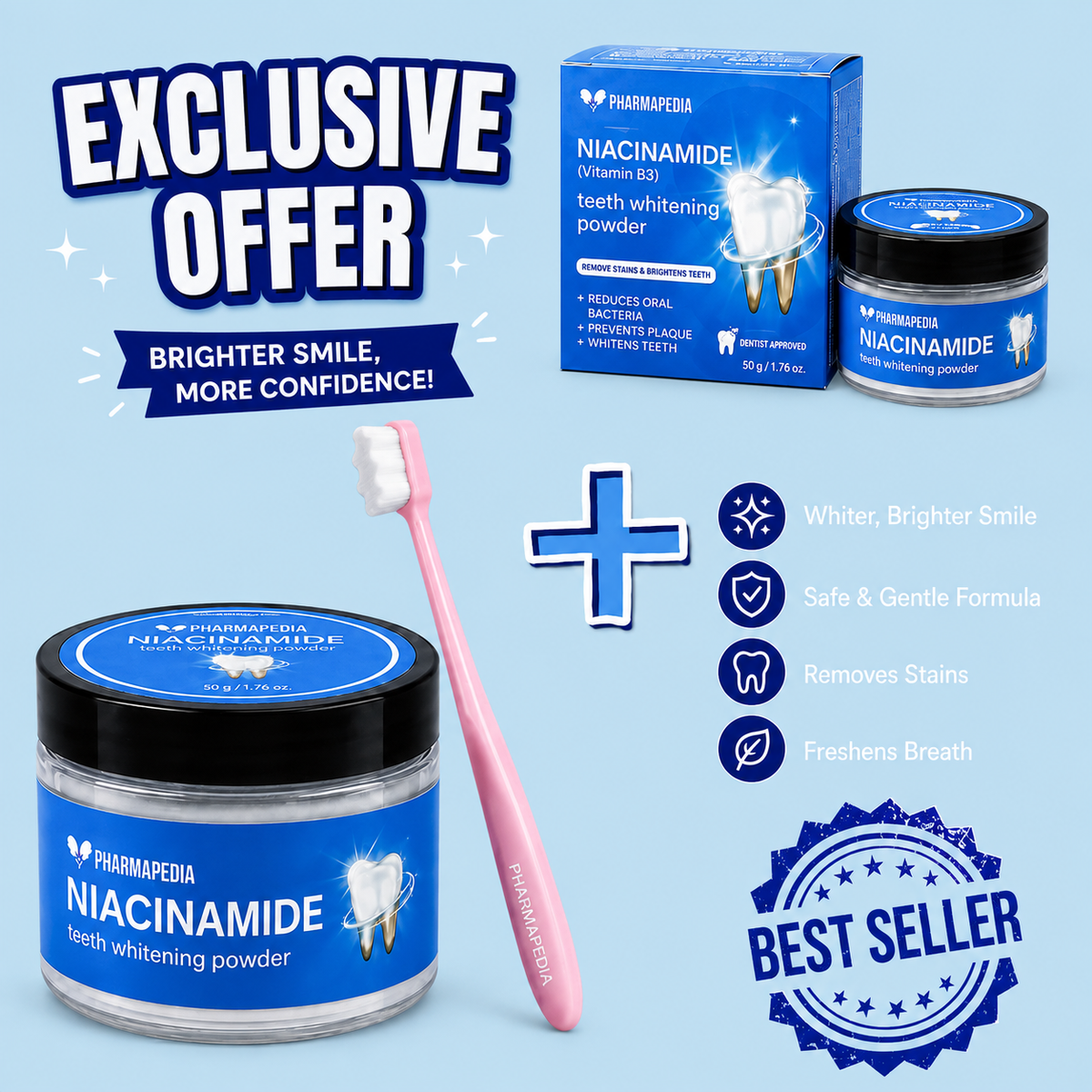 pharmapedia teeth whitening powder bundle with 2 niacinamide jars and soft toothbrush set for bright, healthy teeth.