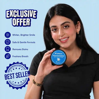 Pharmapedia teeth whitening powder bundle with two 50g niacinamide jars and soft toothbrush set for brightening teeth.